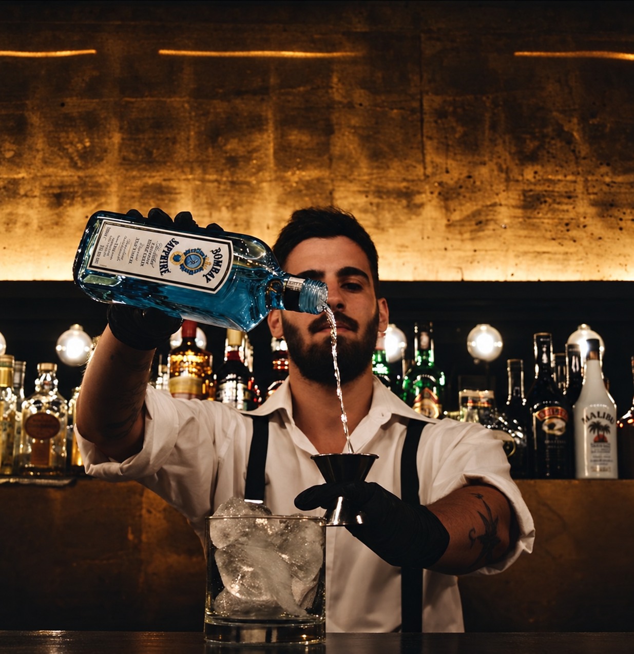 Bartender sirviendo gin para preparar un cóctel en una barra con luz cálida